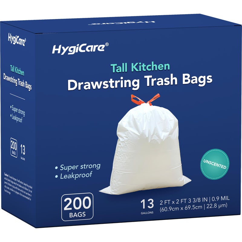 HygiCare أكياس قمامة المطبخ بطول 13 جالون من HygiCare، أكياس قمامة برباط غير معطرة عدد 200، منفصلة مسبقًا، قوية جدًا، مضادة للتسرب، متينة، بيضاء - Image 1
